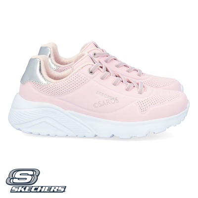 Ténis rosa claro com detalhes prateados e sola branca, modelo Skechers