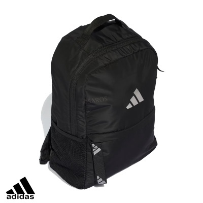 Mochila preta Adidas com logótipo branco e bolsos laterais de rede