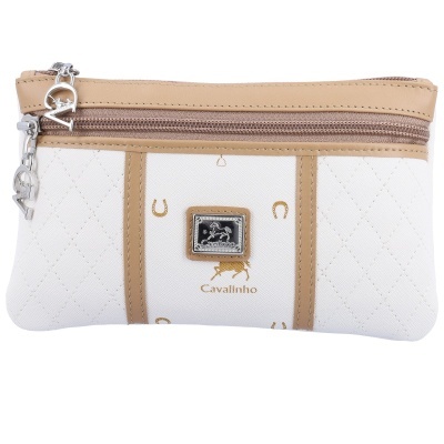 Carteira Cavalinho creme e bege com padrão de ferraduras e fecho zipper