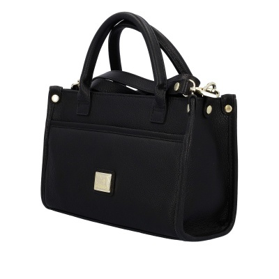 Mala de mão preta de pele com alças curtas e ferragens douradas