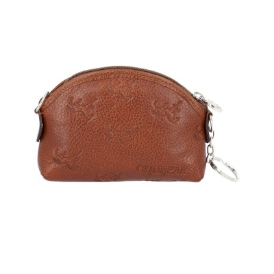 Bolsa pequena castanha de pele com fecho e argola de metal