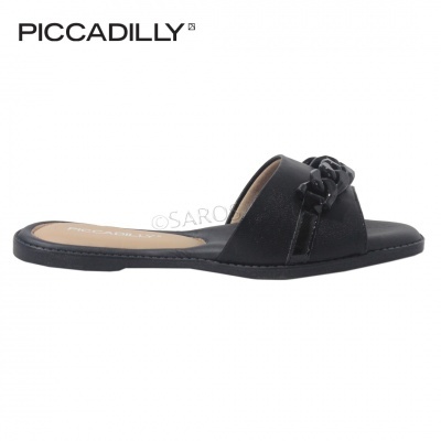 Chinelo feminino preto com corrente da marca PICCADILLY sobre fundo branco
