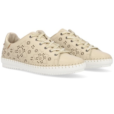 Sapatilhas femininas bege com padrão floral e sola branca