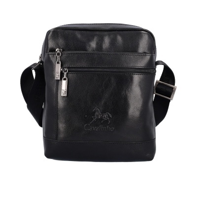 Mala de tiracolo preta em pele com fechos zip e logótipo Cavalinho