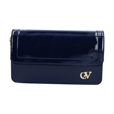 Carteira azul escura em verniz com emblema dourado CV