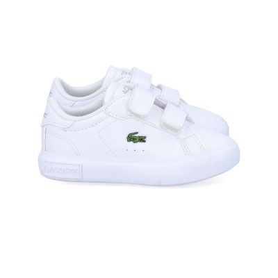 Sapatilhas brancas Lacoste com fecho de velcro, logo crocodilo verde na lateral.