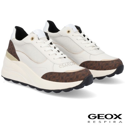 Sapatilhas Geox brancas com detalhes castanhos e sola branca preta