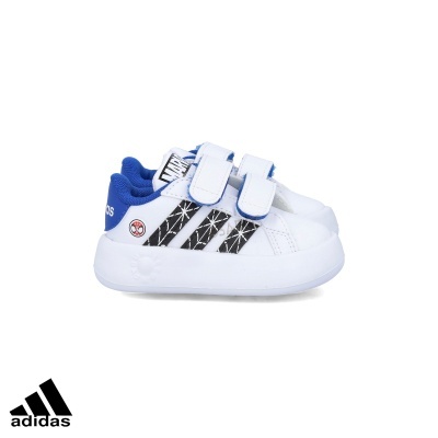Ténis de bebé Adidas brancos com riscas pretas e detalhes azuis