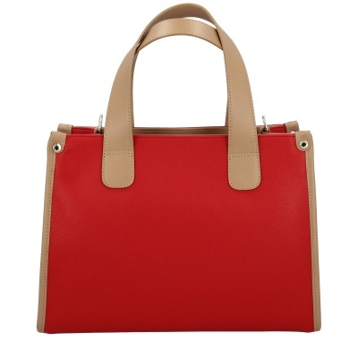 Mala vermelha com pegas castanho claro e fechos metálicos dourados