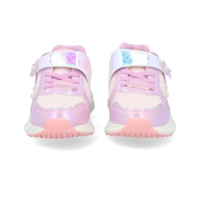 Tênis infantis cor de rosa com velcro holográfico e sola branca.