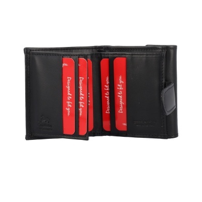 Carteira preta de pele com cartões vermelhos dentro.