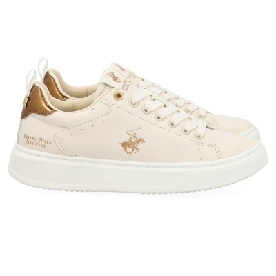 Sapatilhas Beverly Hills Polo Club creme com detalhes dourados e sola branca