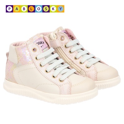 Sapatilhas infantis Pablosky rosa e creme com atacadores e fecho lateral