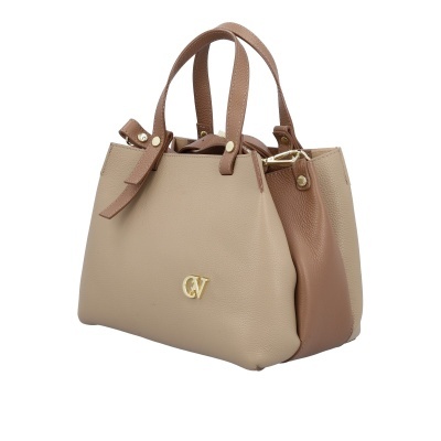Mala de mão bicolor bege e castanha com logótipo dourado CV