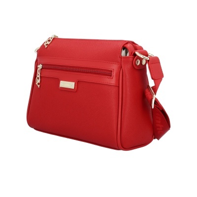 Mala vermelha em material sintético com alça larga e detalhes dourados