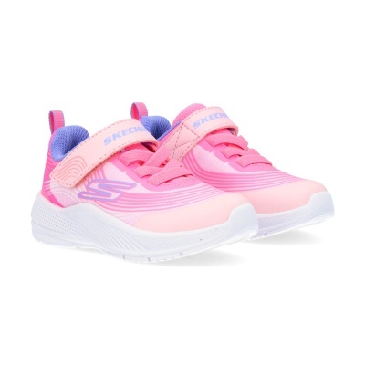 Par de sapatilhas infantis cor-de-rosa Skechers com sola branca e detalhes lilás
