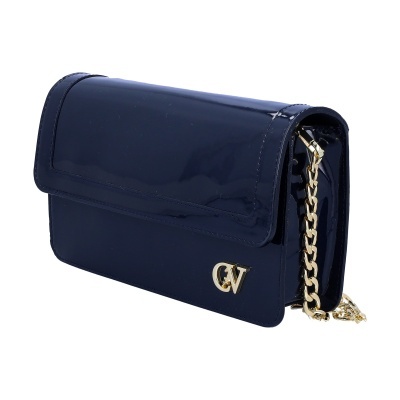 Mala tipo carteira azul escuro em verniz com logótipo dourado e alça de corrente dourada