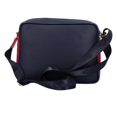 Mala tiracolo azul escuro com alça larga e detalhes vermelhos