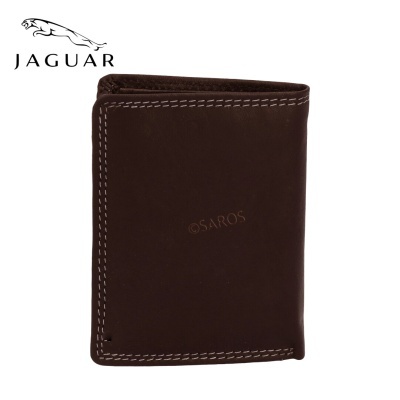 Carteira de couro castanha com costuras brancas e gravação da marca SAROS, logotipo JAGUAR