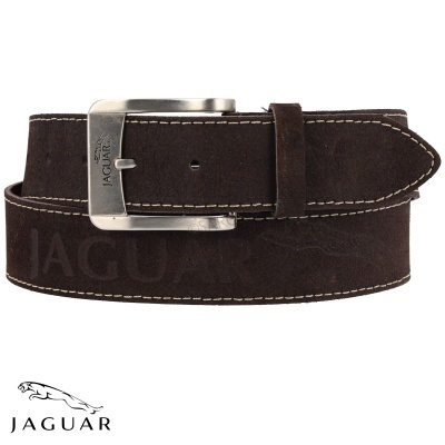 Cinto em camurça castanho escuro com fivela metálica e logo JAGUAR