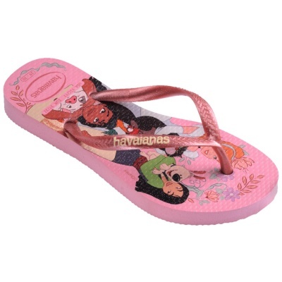 Chinelo havaianas rosa com ilustrações coloridas e tira rosa perolada