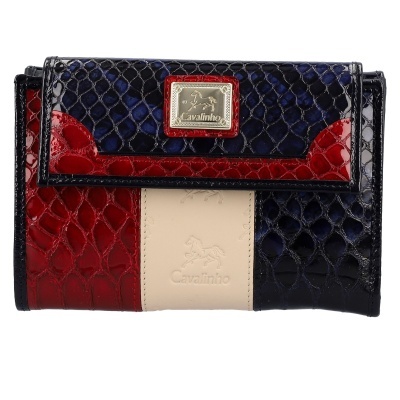 Carteira feminina azul, vermelho e bege com textura de pele de réptil e placa metálica 'Cavalinho'