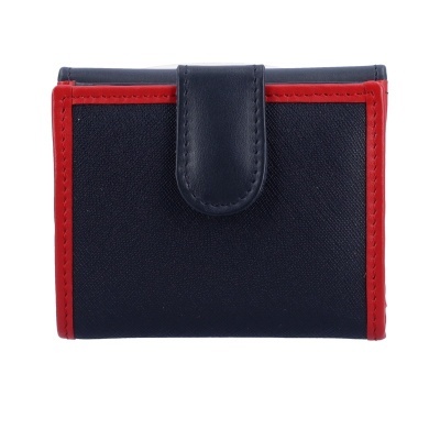 Carteira azul escuro com bordas vermelhas e fecho de aba
