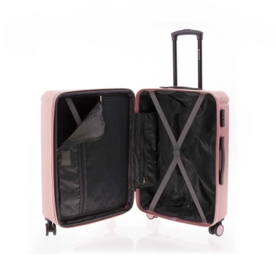 Mala de viagem rígida cor rosa aberta com interior preto e alças cinzentas.
