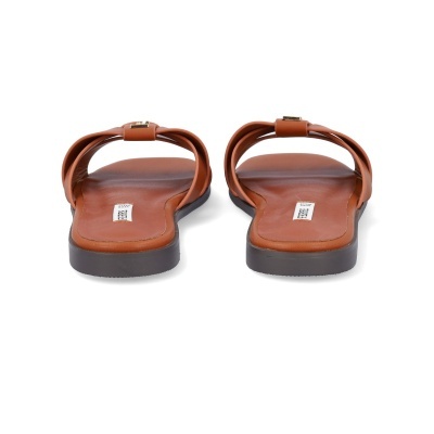 Sandálias castanhas em pele com sola preta e tira larga com nó