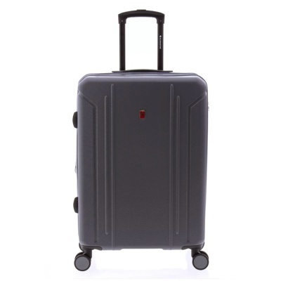 Mala de viagem rígida cinzenta com rodas e pega extensível preta.