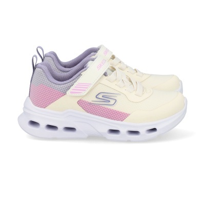 Ténis infantis Skechers creme, lilás e rosa com sola branca e fecho velcro