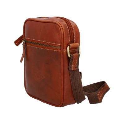 Mala de tiracolo pequena em couro castanho com bolso frontal com fecho de correr e alça castanha