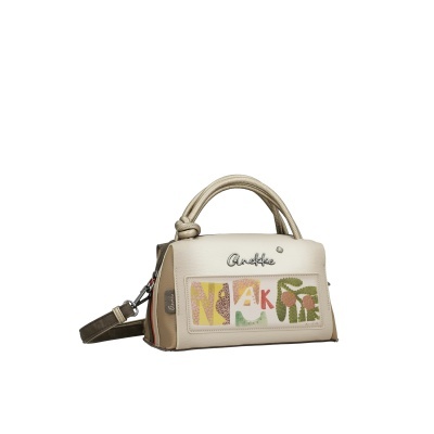 Mala Anekke bege com estampas coloridas e alça castanha