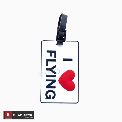 Etiqueta de bagagem branca com texto e símbolo de coração vermelho