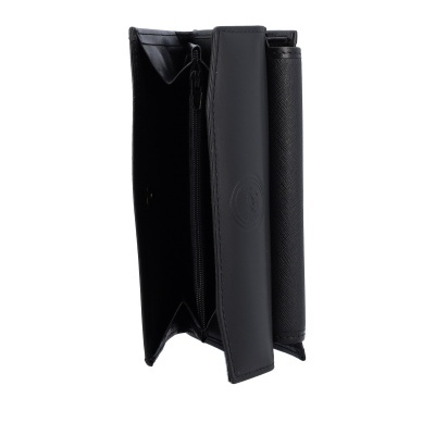 Carteira preta de couro com fecho de correr e logotipo em relevo