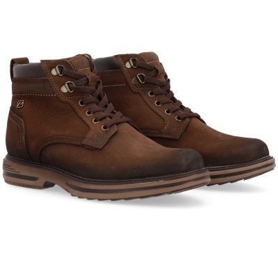 Botas masculinas castanhas em couro com atacadores e sola de borracha.