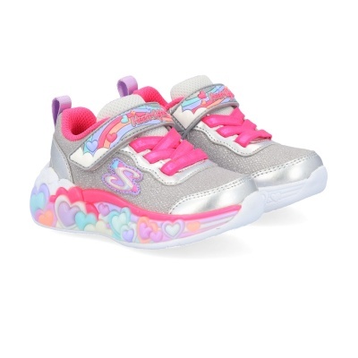 Sapatilhas infantis coloridas com corações e texto Skechers