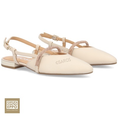 Sapatos rasos bege com tira brilhante e correia ajustável