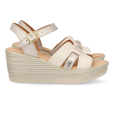 Sandálias femininas de cunha creme e dourado com fivela ajustável