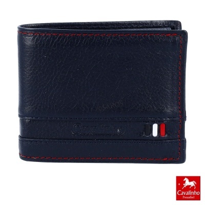 Carteira masculina de couro preto com costura vermelha e detalhes coloridos