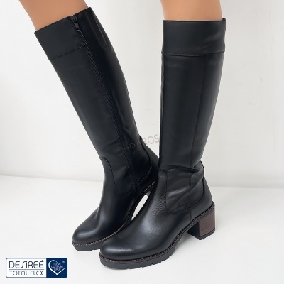Botas pretas femininas de cano alto em pele com salto castanho e fecho lateral