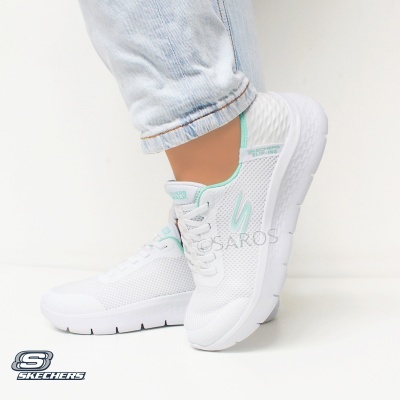 Sapatilhas brancas Skechers Slip-Ins com detalhes azuis e sola branca