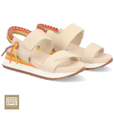 Sandálias creme com sola branca e castanha e tiras coloridas, marca GIOS EPPO