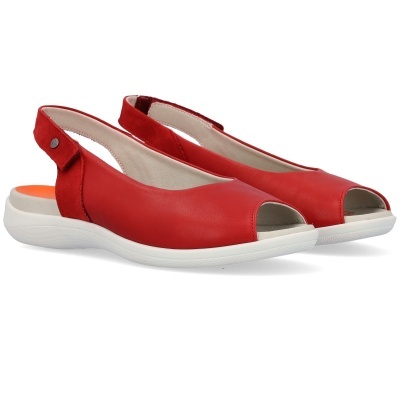 Sandálias vermelhas com sola branca e detalhe laranja