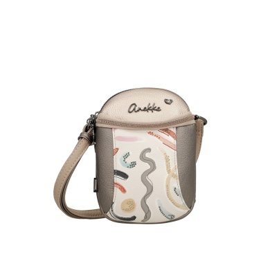 Bolsa pequena de ombro bege e castanho com padrão abstrato e logótipo Anekke