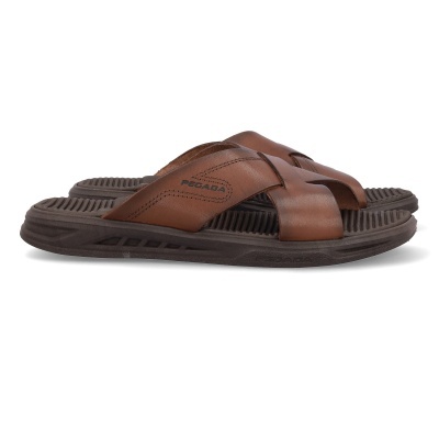 Chinelos castanhos de pele com sola castanha escura e tiras cruzadas PEÇADA.