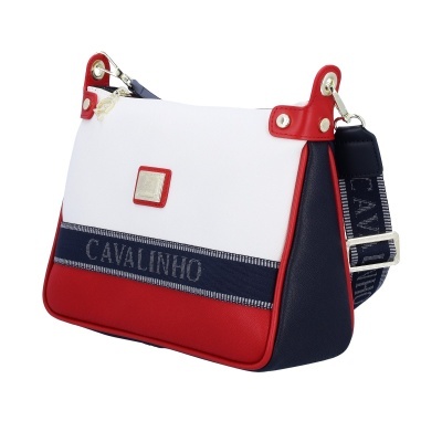 Mala de ombro tricolor com detalhes em metal e texto CAVALINHO