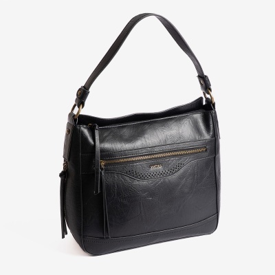 Mala de senhora preta com alça única e fecho dourado frontal