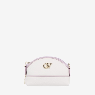 Bolsa pequena branca com bordas lilás e logótipo dourado CV