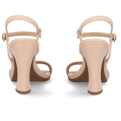 Sandálias femininas bege com salto alto largo e tiras finas
